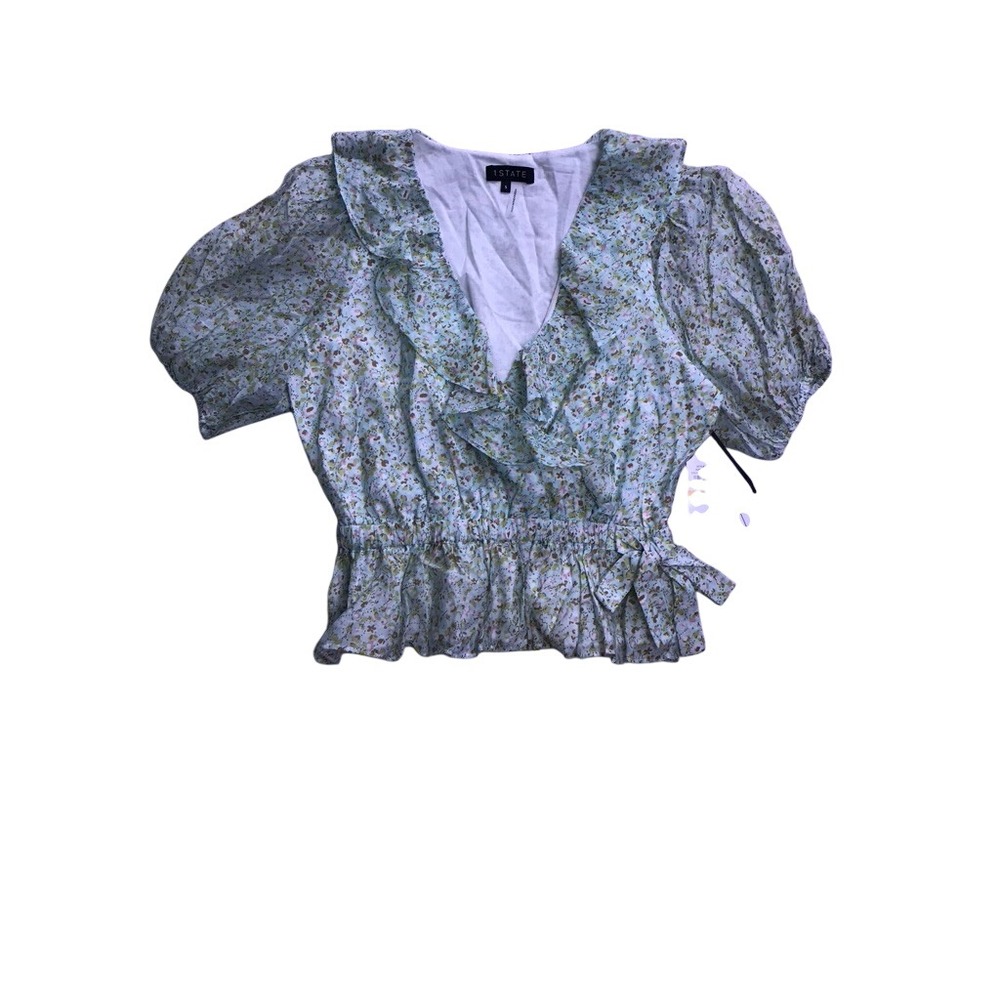 1.STATE Ruffle V-Neck Blouse Womens Small Blue River Floral Puff Sleeve Top
